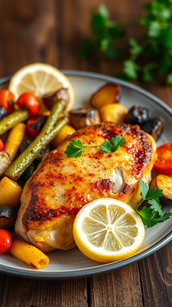 Juicy velour chicken breast garnished with parsley, served with roasted vegetables and lemon on a rustic table.